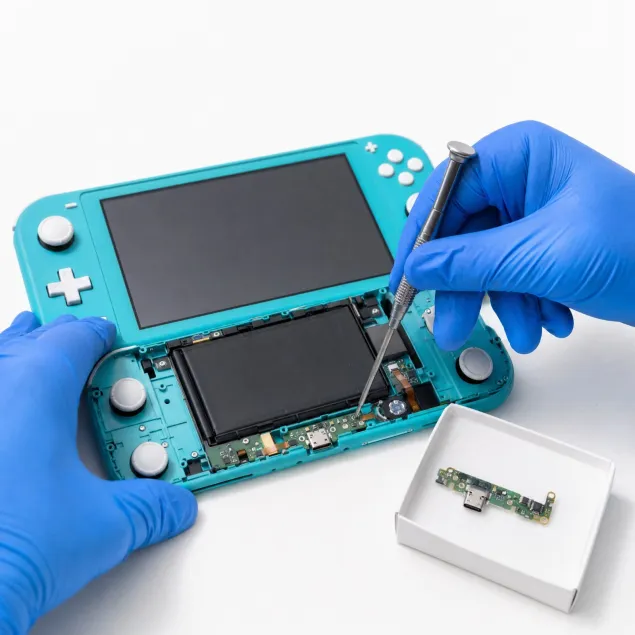 Reparar Nintendo Switch Lite en Madrid: técnico con guantes azules abriendo la consola