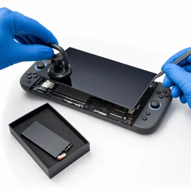 Reparar Nintendo Switch 2 en Madrid: técnico con guantes azules abriendo la consola