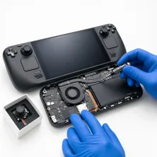 Reparar Steam Deck en Madrid: técnico con guantes azules abriendo la consola portátil