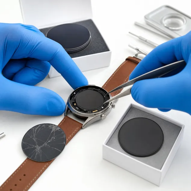 Cambiar pantalla Huawei Watch GT 2 46 mm en Madrid: técnico con guantes azules sustituyendo la pantalla