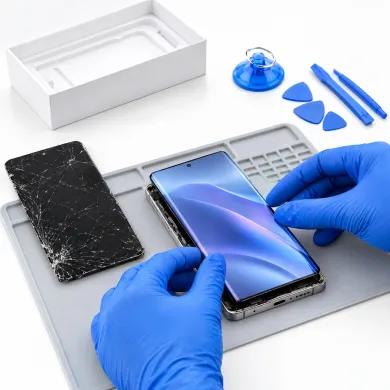 Cambiar pantalla Xiaomi Poco F8 Ultra en Madrid: técnico con guantes azules sustituyendo la pantalla