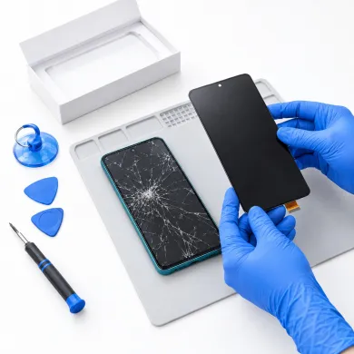 Cambiar pantalla Xiaomi Poco M7 5G en Madrid: técnico con guantes azules sustituyendo la pantalla