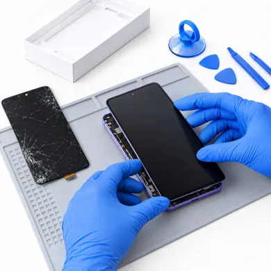 Cambiar pantalla Xiaomi Poco C85 4G en Madrid: técnico con guantes azules sustituyendo la pantalla