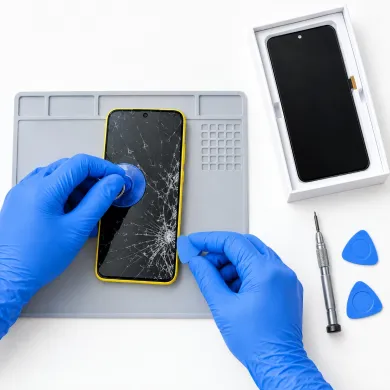 Cambiar pantalla Xiaomi Poco X6 Pro en Madrid: técnico con guantes azules sustituyendo la pantalla