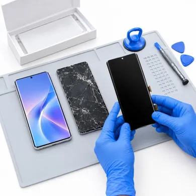 Cambiar pantalla Xiaomi Poco F5 Pro en Madrid: técnico con guantes azules sustituyendo la pantalla