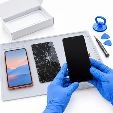 Cambiar pantalla Xiaomi Poco M6 5G en Madrid: técnico con guantes azules sustituyendo la pantalla