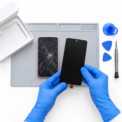 Cambiar pantalla Xiaomi Poco C65 en Madrid: técnico con guantes azules sustituyendo la pantalla