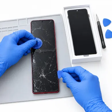 Cambiar pantalla plegable Motorola Razr 60 Ultra en Madrid: técnico con guantes azules sustituyendo la pantalla interna