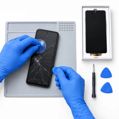 Cambiar pantalla Motorola Moto G34 5G en Madrid: técnico con guantes azules sustituyendo la pantalla