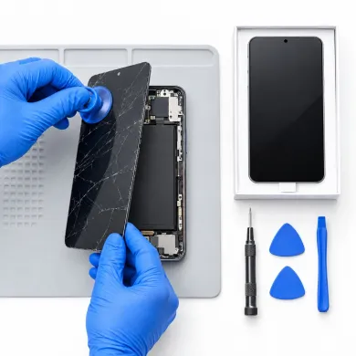 Cambiar pantalla Motorola Moto G31 en Madrid: técnico con guantes azules sustituyendo la pantalla