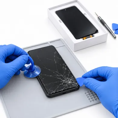 Cambiar pantalla Motorola Moto G56 5G en Madrid: técnico con guantes azules sustituyendo la pantalla