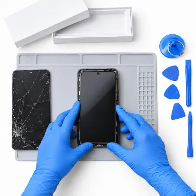 Cambiar pantalla Motorola Moto G15 en Madrid: técnico con guantes azules sustituyendo la pantalla