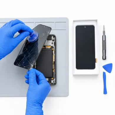 Cambiar pantalla Motorola Moto G55 5G en Madrid: técnico con guantes azules sustituyendo la pantalla