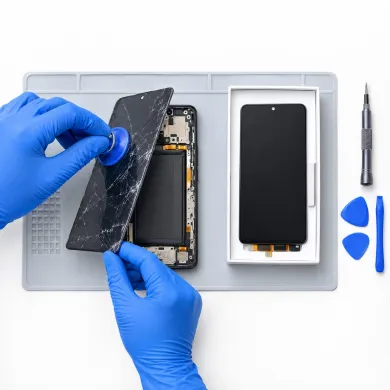 Cambiar pantalla Motorola Moto E22 en Madrid: técnico con guantes azules sustituyendo la pantalla