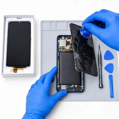 Cambiar pantalla Motorola One Macro en Madrid: técnico con guantes azules sustituyendo la pantalla