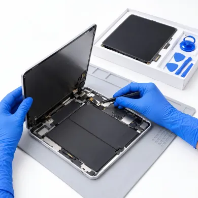 Cambiar pantalla iPad Pro 12,9″ (5.ª generación, M1, 2021) en Madrid: técnico con guantes azules sustituyendo la pantalla