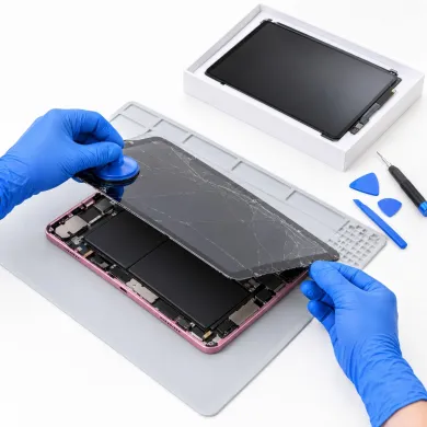 Cambiar pantalla iPad Air 5 (5.ª generación, M1, 2022) en Madrid: técnico con guantes azules sustituyendo la pantalla