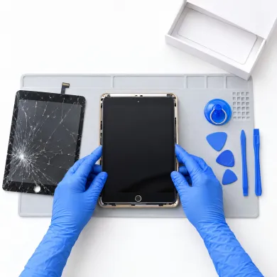 Cambiar pantalla iPad mini 3 (2014) en Madrid: técnico con guantes azules sustituyendo la pantalla