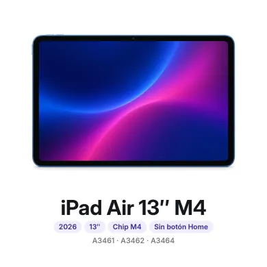 iPad Air 13″ M4: 2026, 13″, Chip M4, sin botón Home, modelos A3461, A3462 y A3464. Cambiar pantalla iPad Air 13″ M4 en Madrid