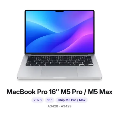 MacBook Pro 16″ M5 Pro / M5 Max: 2026, 16″, modelos A3428 y A3429. Cambiar pantalla MacBook Pro 16″ M5 Pro / M5 Max en Madrid
