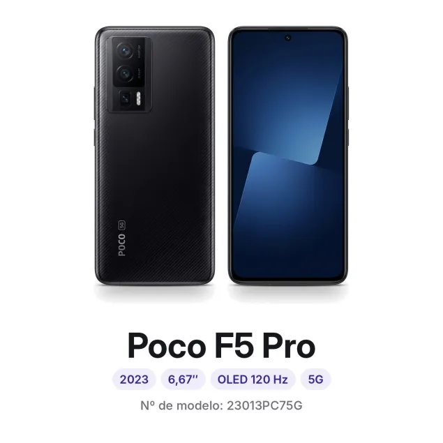 Cambiar pantalla Xiaomi Poco F5 Pro en Madrid: móvil por delante y por detrás, con su número de modelo 23013PC75G