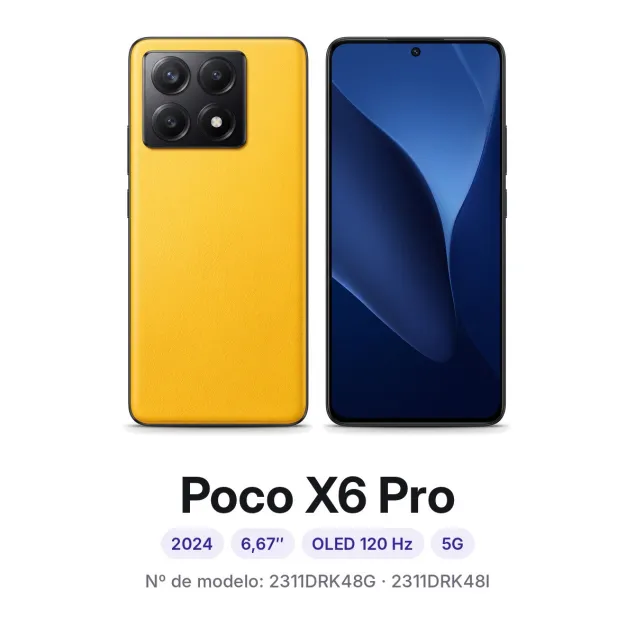Cambiar pantalla Xiaomi Poco X6 Pro en Madrid: móvil por delante y por detrás, con su número de modelo 2311DRK48G