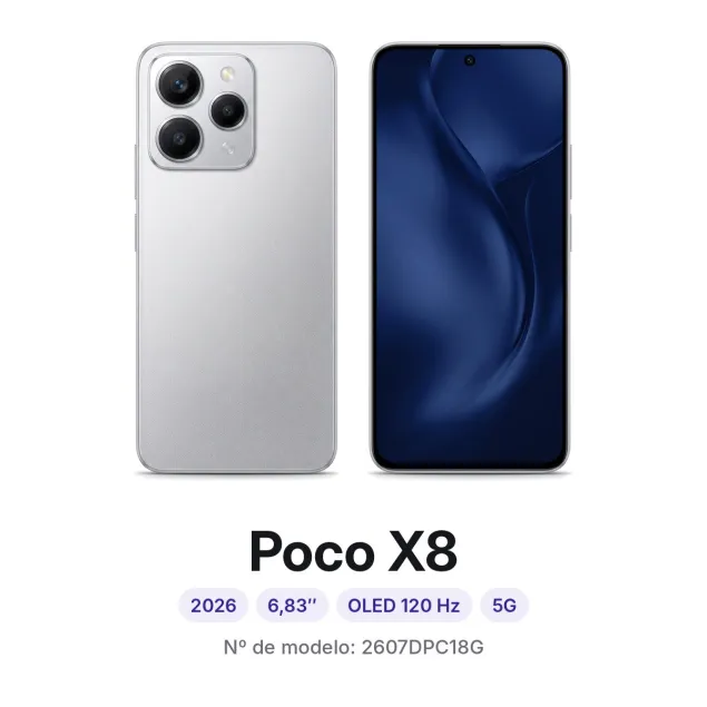 Cambiar pantalla Xiaomi Poco X8 en Madrid: móvil por delante y por detrás, con su número de modelo 2607DPC18G