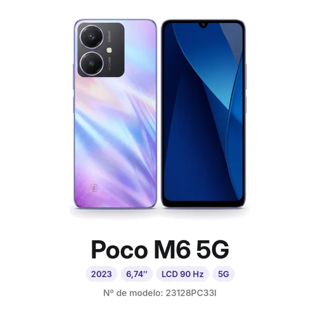 Cambiar pantalla Xiaomi Poco M6 5G en Madrid: móvil por delante y por detrás, con su número de modelo 23128PC33I