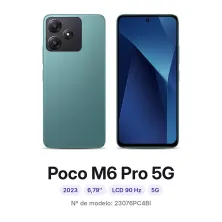 Cambiar pantalla Xiaomi Poco M6 Pro 5G en Madrid: móvil por delante y por detrás, con su número de modelo 23076PC4BI