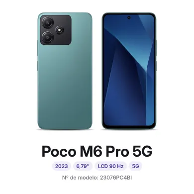 Cambiar pantalla Xiaomi Poco M6 Pro 5G en Madrid: móvil por delante y por detrás, con su número de modelo 23076PC4BI