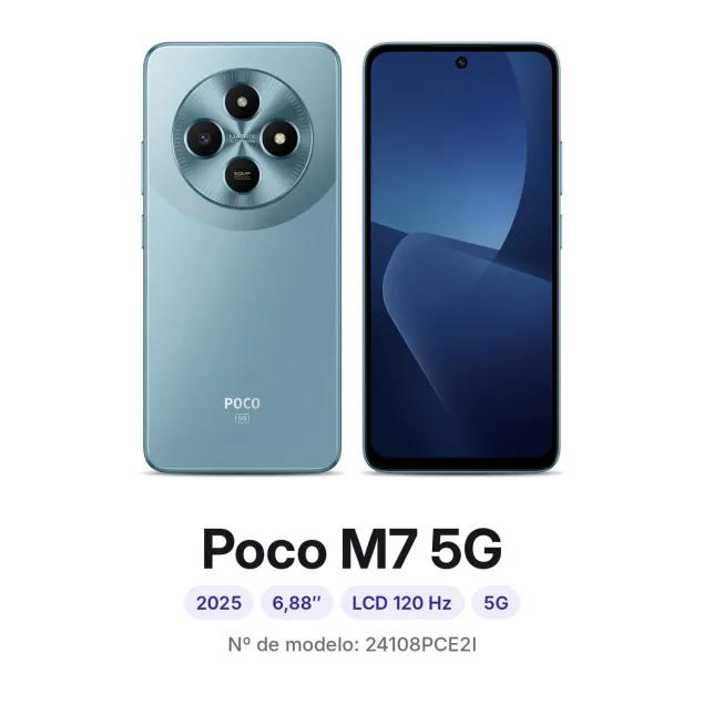 Cambiar pantalla Xiaomi Poco M7 5G en Madrid: móvil por delante y por detrás, con su número de modelo 24108PCE2I