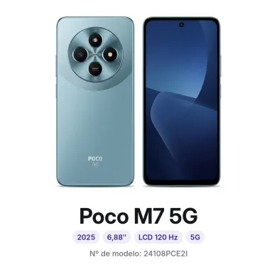 Cambiar pantalla Xiaomi Poco M7 5G en Madrid: móvil por delante y por detrás, con su número de modelo 24108PCE2I