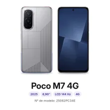 Cambiar pantalla Xiaomi Poco M7 4G en Madrid: móvil por delante y por detrás, con su número de modelo 25062PC34E