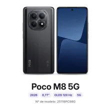 Cambiar pantalla Xiaomi Poco M8 5G en Madrid: móvil por delante y por detrás, con su número de modelo 25118PC98G