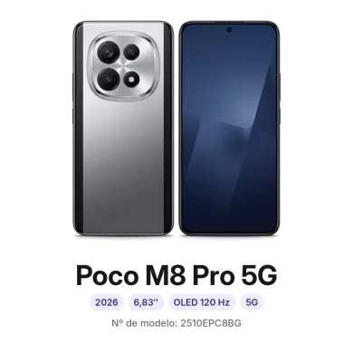 Cambiar pantalla Xiaomi Poco M8 Pro 5G en Madrid: móvil por delante y por detrás, con su número de modelo 2510EPC8BG