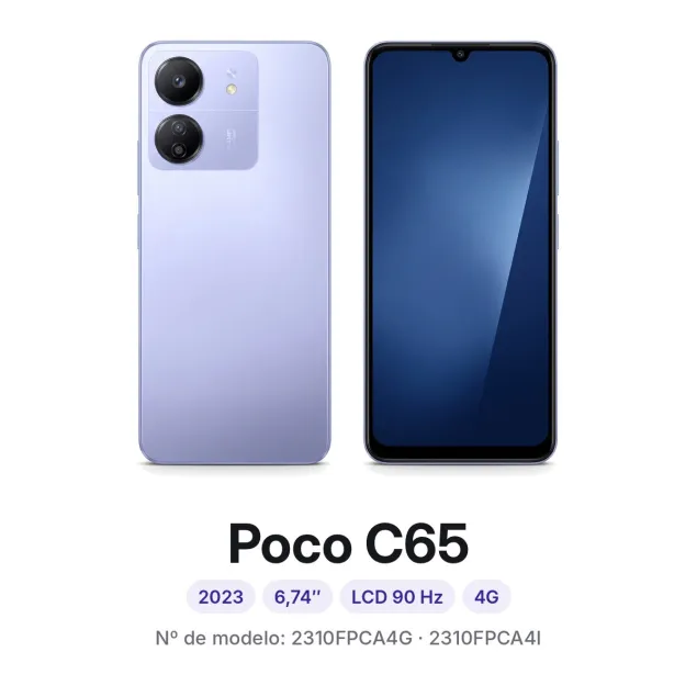 Cambiar pantalla Xiaomi Poco C65 en Madrid: móvil por delante y por detrás, con su número de modelo 2310FPCA4G