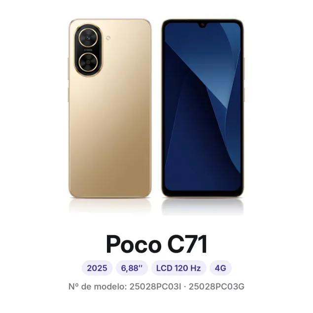 Cambiar pantalla Xiaomi Poco C71 en Madrid: móvil por delante y por detrás, con su número de modelo 25028PC03I