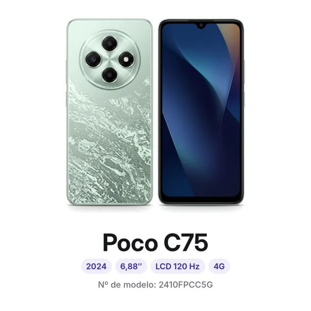 Cambiar pantalla Xiaomi Poco C75 en Madrid: móvil por delante y por detrás, con su número de modelo 2410FPCC5G