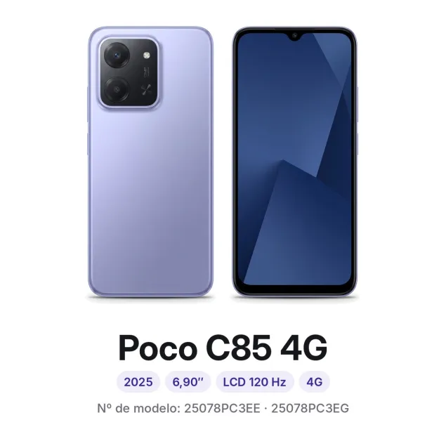 Cambiar pantalla Xiaomi Poco C85 4G en Madrid: móvil por delante y por detrás, con su número de modelo 25078PC3EE
