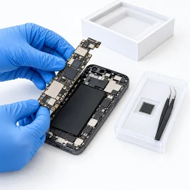 Reparar placa base iPhone 11 Pro en Madrid: técnico con guantes azules sacando la placa base de un iPhone abierto