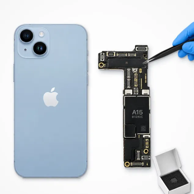Placa base del iPhone 14 Plus junto al móvil, con pinzas y chip nuevo: reparar placa base del iPhone 14 Plus en Madrid