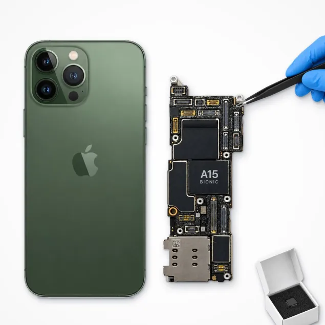 Placa base del iPhone 13 Pro junto al móvil, con pinzas y chip nuevo: reparar placa base del iPhone 13 Pro en Madrid