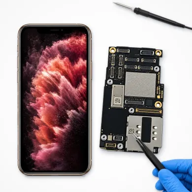 Placa base real del iPhone 11 Pro con soldador y mano de técnico: microsoldadura de placa base en Madrid
