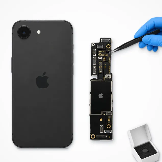 Placa base del iPhone 16e junto al móvil, con pinzas y chip nuevo: reparar placa base del iPhone 16e en Madrid