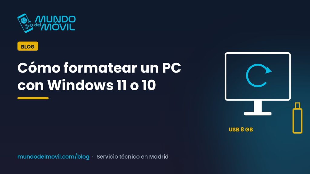 Formatear un PC: pantalla de Windows con el icono de restablecer y una memoria USB de arranque