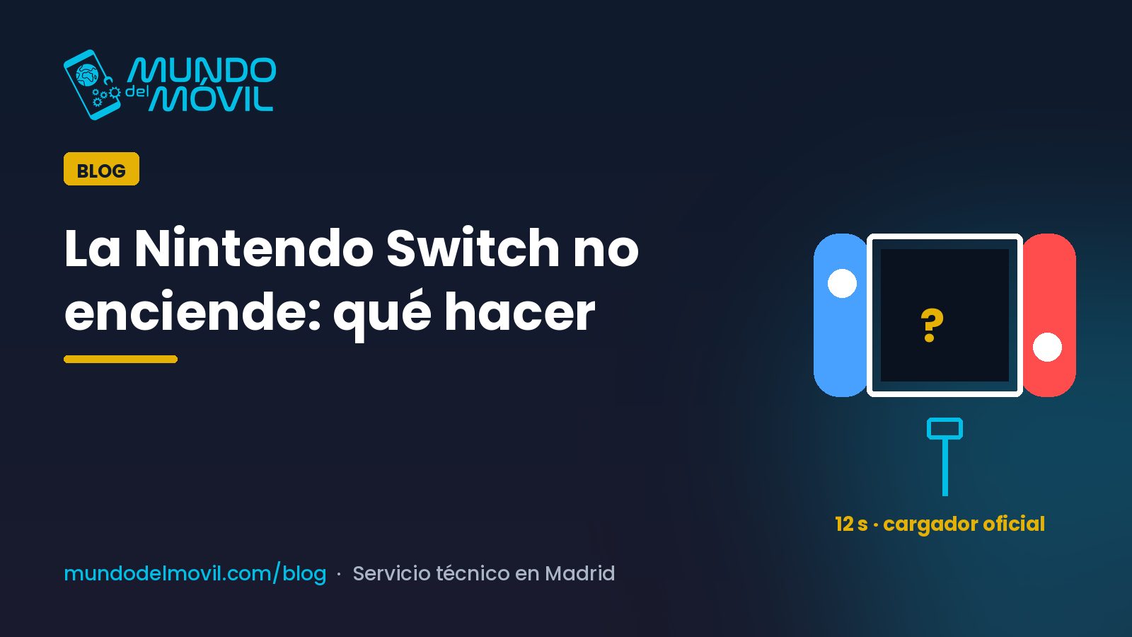 Nintendo Switch no enciende: consola con la pantalla apagada, el botón POWER y el cargador oficial