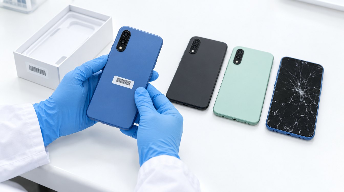 Cómo saber qué modelo de Xiaomi tengo: técnico con guantes azules lee la etiqueta de un móvil junto a su caja y a otros tres móviles, uno con la pantalla rota, en Madrid
