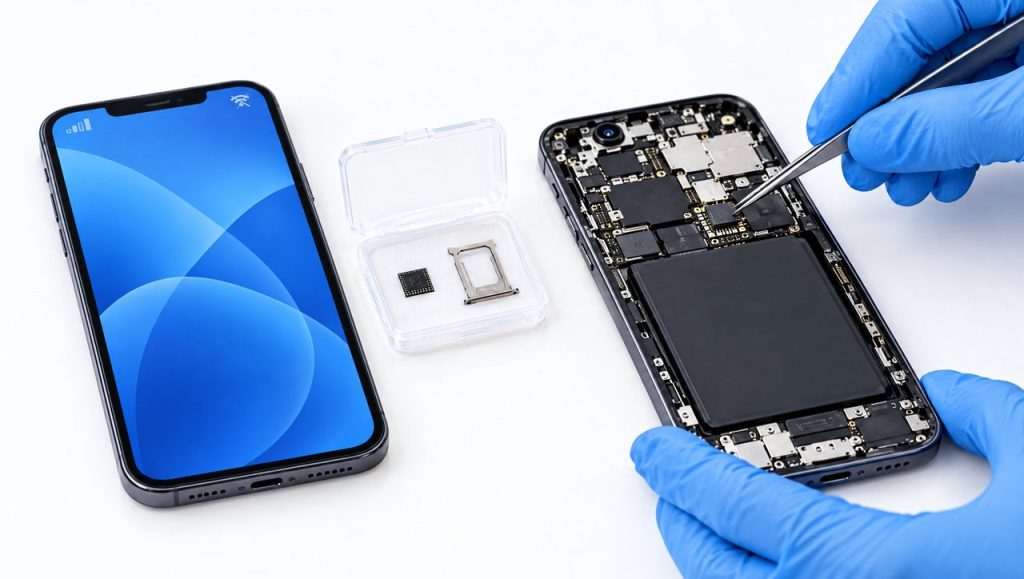 iPhone sin servicio: técnico con guantes azules revisando con unas pinzas el chip de cobertura de la placa base de un iPhone abierto, junto a otro iPhone sin señal, en Madrid