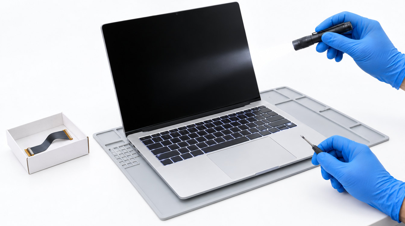MacBook pantalla negra con el teclado iluminado y un técnico con guantes azules probando con una linterna, en Madrid