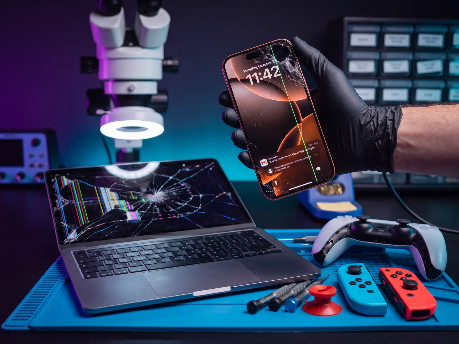 iPhone, MacBook y mando de PS5 rotos